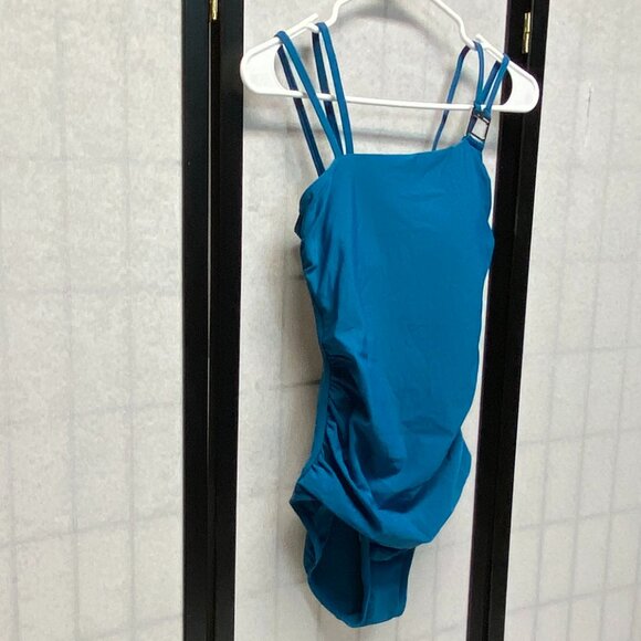 Aqua Green Double Strap High Asymmetrical Neck One Piece Swimsuit Teal NWT - Picture 4 of 12